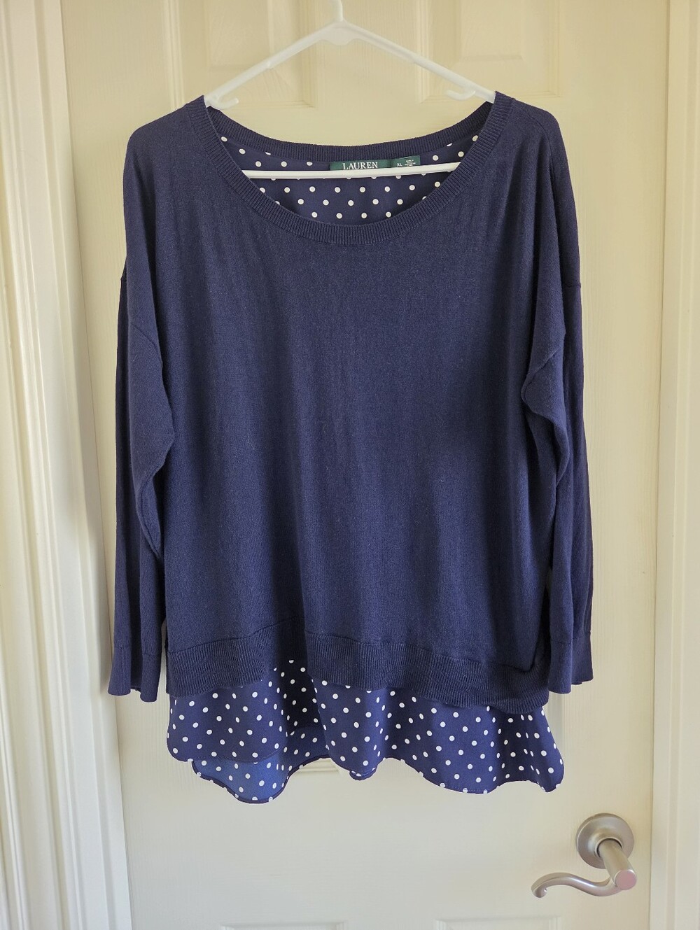 Lauren Ralph Lauren Navy Blue Layered Polka Dot Sweater Knit Top XL